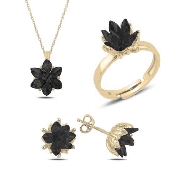 Lotus Çiçeği Siyah Zirkon Taşlı Set - 1