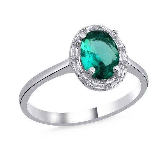 Paraiba Oval Baget Zirkon Taşlı & Halo Tektaş Yüzük - 1