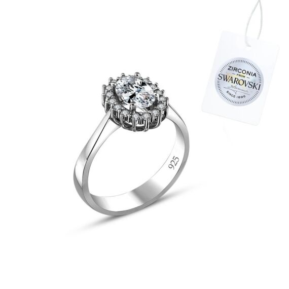 Swarovski Zirconia Taşlı Oval Halo Tektaş Yüzük - 1